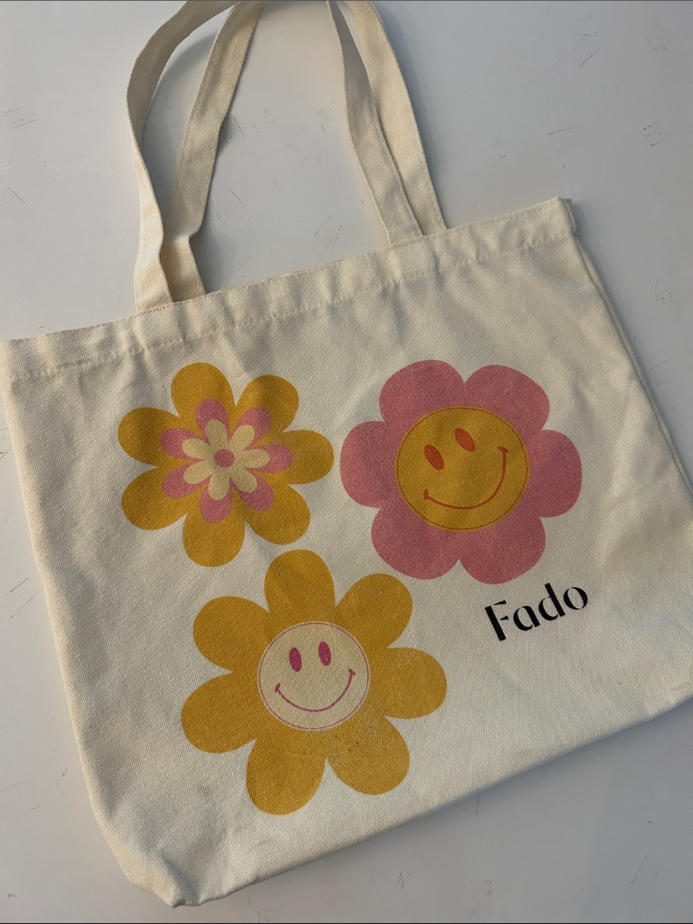 Cream Canvas Tote bag with Pink & Yellow Smiley Face Flowers 13”x16”